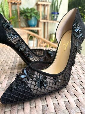 Jessica Simpson Black Floral Mesh Pointed Toe Stiletto Heels | Women’s Size 10